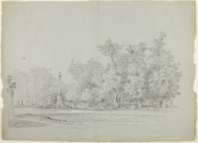 Vue du parc de Versailles : Paysage avec colonne commémorative et bosquet d