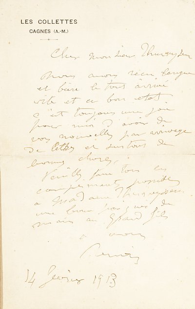 Lettre autographe signée à Dr. Fritz Thurneyssen, Paris et Les Collettes, 24 juin 1908 - Pierre Auguste Renoir