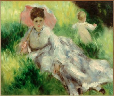 Femme avec parasol et enfant sur une pente ensoleillée - Pierre Auguste Renoir