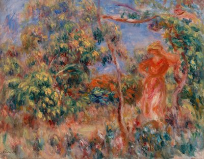 Femme en rouge dans un paysage - Pierre Auguste Renoir
