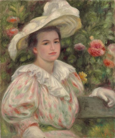 Jeune fille parmi les fleurs ou Femme au chapeau blanc - Pierre Auguste Renoir