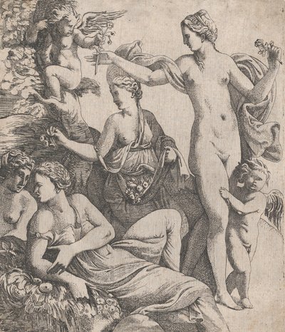 Vénus, debout avec les trois Grâces, reçoit une fleur d