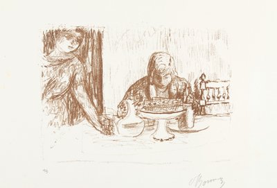 Homme et femme à une table dressée avec des plats et une carafe - Pierre Bonnard (signed by artist)