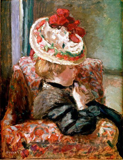 Le chapeau de paille Femme assise sur un canapé fleuri - Pierre Bonnard