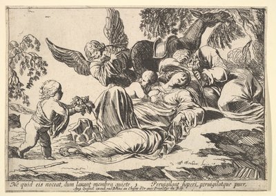 Anges donnant des fruits à la Sainte Famille endormie, 1610-42 - Pierre Brebiette