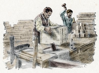 Savonnerie: le découpage des pains de savon, gravure de «Excursion à travers les métiers» de Pierre Calmette, collection privée - Pierre Calmettes