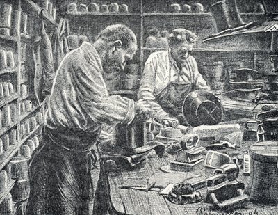 Manufacture de chapeaux haut de forme en soie Gravure de Pierre Calmette Collection privée - Pierre Calmettes