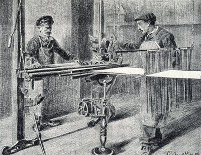 Atelier de soie : préparation de la chaîne au dossier Gravure tirée de 