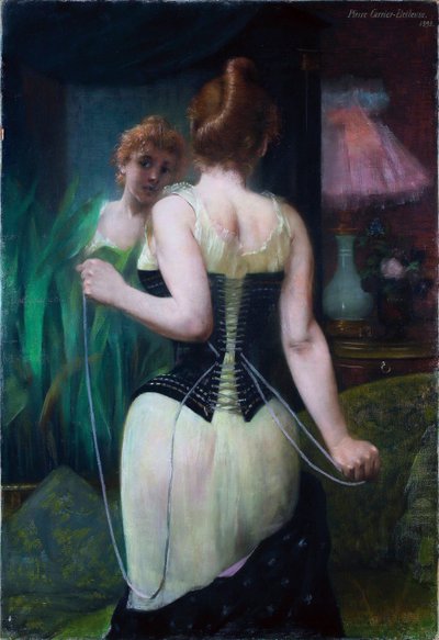 Jeune femme ajustant son corset - Pierre Carrier Belleuse