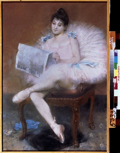 Danseuse de ballet assise. Ballerine en tutu lisant "le petit journal" - Pierre Carrier Belleuse