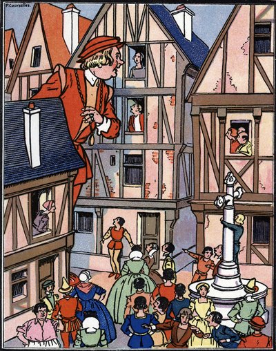 Le géant Gargantua dans les rues de Chinon Illustration par Pierre Couselles (décédé en 1938) de « Gargantua » par François Rabelais - Pierre Courselles