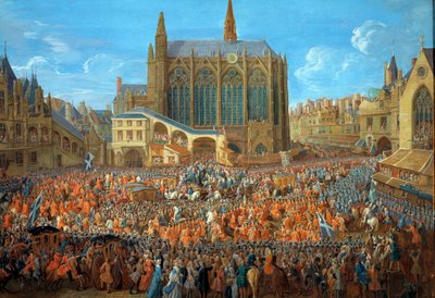 Le roi Louis XV (1710-1774) quittant le lit de justice tenu au Palais de Justice de Paris le 12/09/1715. La Sainte Chapelle est visible. Peinture à la gouache de Pierre Denis Martin (1663-1742) 1715. Paris, Musée Carnavalet - Pierre Denis Martin