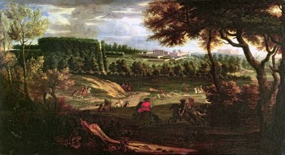 Louis XIV (1638-1715) chassant à Marly avec une vue du Château Vieux de Saint-Germain - Pierre Denis Martin