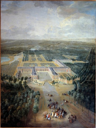Vue en perspective du château et des jardins de Trianon : promenade du roi Louis XV à cheval - Pierre Denis Martin