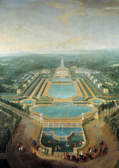 Vue en perspective du château de Marly, le roi Louis XV enfant dans une calèche passe devant l