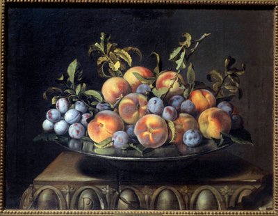 Pêches et prunes dans un plat en étain - Pierre Dupuis