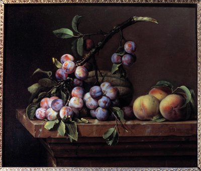 Prunes, courge et pêches sur un entablement de marbre - Pierre Dupuis