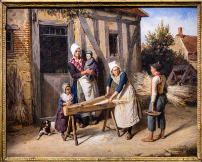 La famille du fermier (Paysans occupés à préparer le chanvre devant la porte d