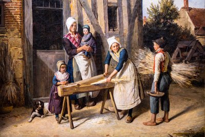 La famille du fermier (Paysans occupés à préparer le chanvre devant la porte d