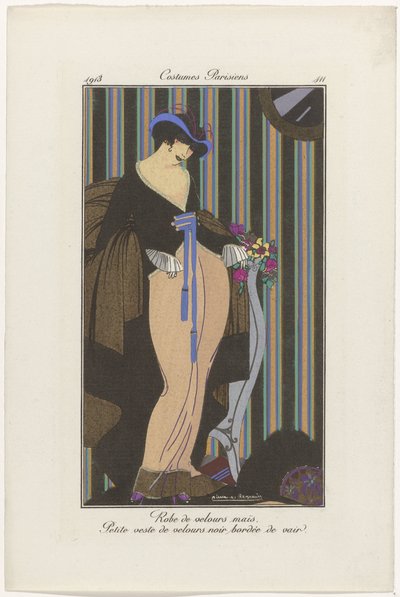 Journal des Dames et des Modes : les illustrateurs de mode, Journal des Dames et des Modes : nouvelles de la mode, Journal des Dames et des Modes, Costumes Parisiens, 1913, No. 111 : Robe de velours - Pierre Emile Legrain