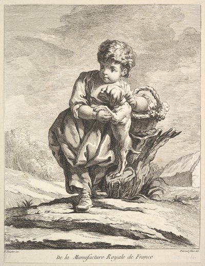 Enfant avec un chien, tenant un panier de raisins, de Premier Livre de Figures - Pierre Etienne Falconet