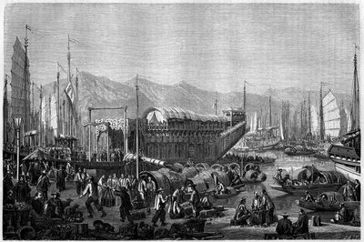 Bateau des Fleurs, un restaurant et lieu de divertissement dans le port de Shanghai en 1860, Chine. Gravure par Grandsire, dans « Le Tour du Monde, Nouveau journal des Voyages », édité par Edouard Charton, Paris - Pierre Eugene Grandsire