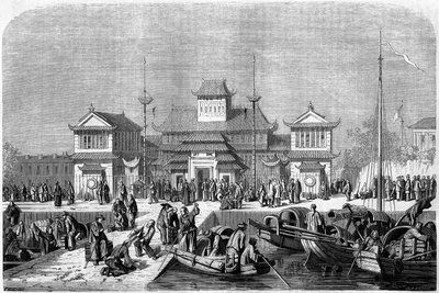 Vue des douanes dans le port de Shanghai en 1860, Chine. Gravure par Grandsire, dans « Le Tour du Monde, Nouveau journal des Voyages », édité par Edouard Charton, Paris - Pierre Eugene Grandsire