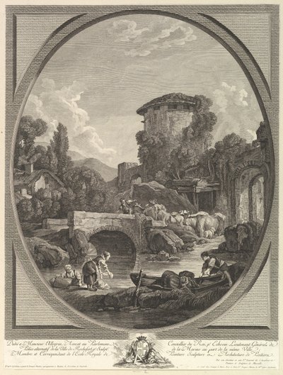 Paysage avec un pont et un pigeonnier, 18e siècle - Pierre Francois Laurent