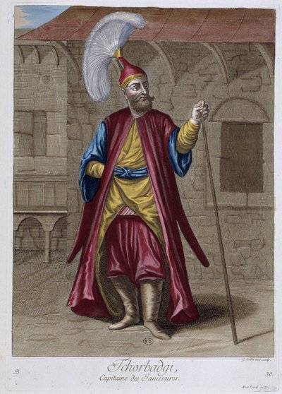 Tchorbadgi, capitaine des janissaires, "Collection de 100 estampes représentant différentes nations du Levant en 1707 et 1708" par les ordres de M. de Frriol, ambassadeur du roi à la Porte et mise à jour en 1712-13 par les soins de M. Le Hay, Basan en - Pierre François Basan