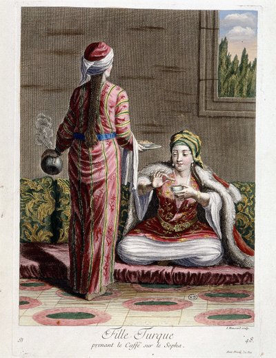 Jeune fille turque prenant le café sur le sofa, "Collection de 100 estampes représentant différentes nations du Levant en 1707 et 1708" par les ordres de M. de Frriol, ambassadeur du roi à la Porte et mise à jour en 1712-13 par les soins de M. Le Hay, Basa - Pierre François Basan