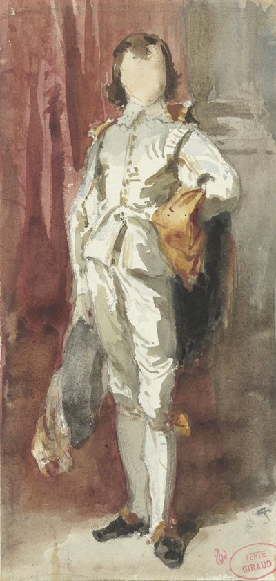 Garçon debout en costume de Van Dyck, contre un rideau rouge - Pierre François Eugène Giraud