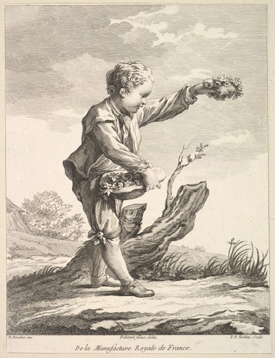 Petit garçon tenant une couronne et un panier de fleurs, du Deuxième Livre de Figures, après 1757 - Pierre François Tardieu