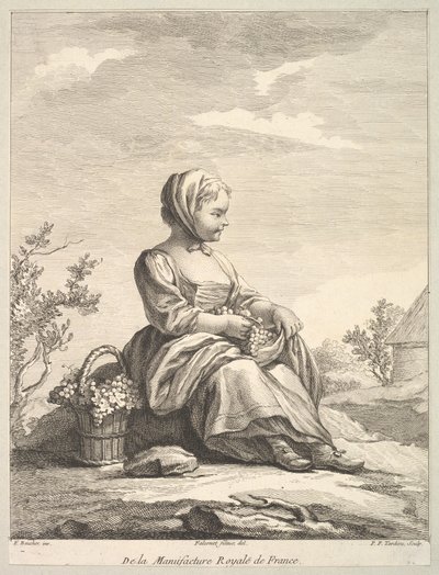 Petite fille tenant des raisins avec un panier à ses côtés, de Deuxième Livre de... - Pierre François Tardieu