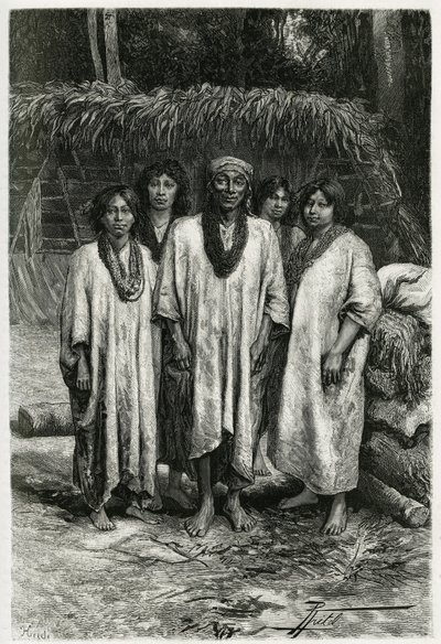 Chef Lacandon et types Lacandon, peuple maya vivant dans les jungles du Chiapas (Mexique). Gravure par P. Fritel, pour illustrer l