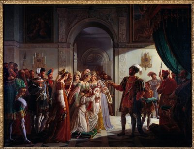 François Ier (1494-1547) armant chevalier son petit-fils François II (1544-1560). Le jeune prince est accompagné de ses parents Henri II (1519-1559) et Catherine de Médicis (1519-1589) - Pierre Henri Revoil