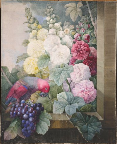 Rose trémières, raisins et un perroquet, 1836 - Pierre Joseph Redouté