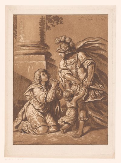 Soldat menaçant avec femme et enfant suppliants - Pierre Lelu