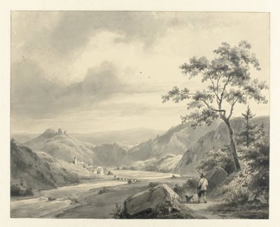 Paysage vallonné avec chasseur et chien sur le chemin - Pierre Louis Dubourcq