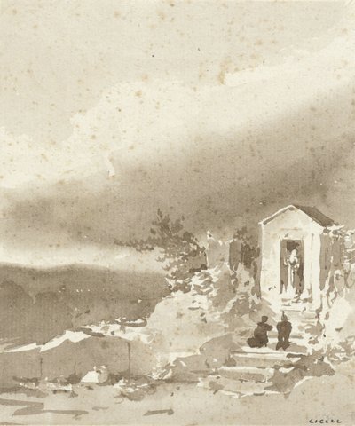 Deux personnes agenouillées sur les marches devant une petite chapelle dans les montagnes - Pierre Luc Charles Ciceri