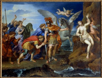 Persée délivrant Andromède. Andromède enchaînée à un rocher est délivrée par Persée et sauve le monstre marin. Peinture de Pierre Mignard (1612-1695) XVIIe siècle - Pierre Mignard