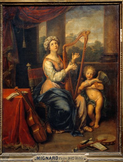 Sainte Cécile chantant les louanges du Seigneur. La sainte joue de la harpe et est entourée d