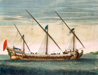 Une galéasse à trois mâts en route à la rame, de Le Neptune François, c.1693-1700 (gravure en couleur) - Pierre Mortier