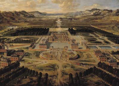 Vue en perspective du château, des jardins et du parc de Versailles depuis l