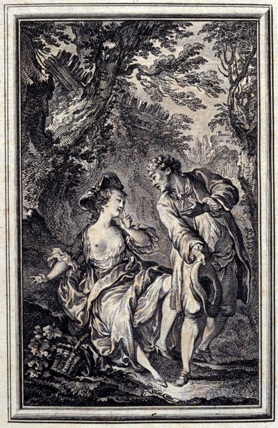 Promettre est une chose, et tenir en est une autre. Dans « Contes et nouvelles en vers » de Jean de La Fontaine, Amsterdam 1776. Illustré par P.P. Choffard. - Pierre Philippe Choffard