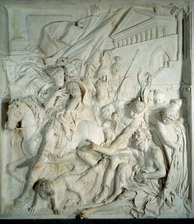 Alexandre le Grand (356 av. J.-C.-323 av. J.-C.) rencontre le philosophe grec Diogène le Cynique (413 av. J.-C.-327 av. J.-C.) dans son tonneau. Bas-relief en marbre par Pierre Puget (1620-1694) 1693. De la Salle des Cent Suisses (Louvre). Paris, Musée du  - Pierre Puget