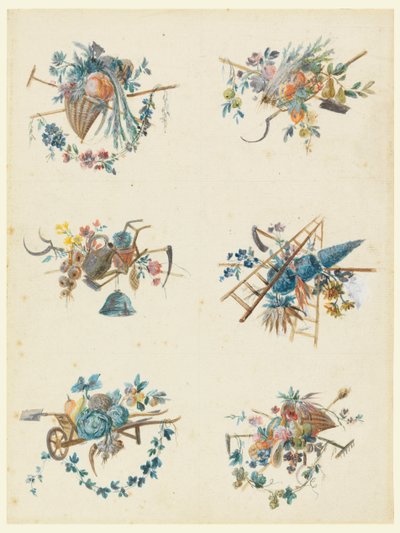 Six trophées avec les attributs du jardinage - Pierre Ranson