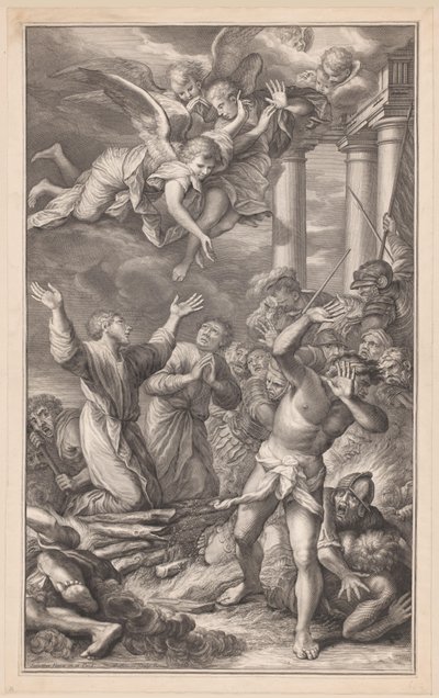 Cosmas et Damianus sur le bûcher, entourés de soldats et d
