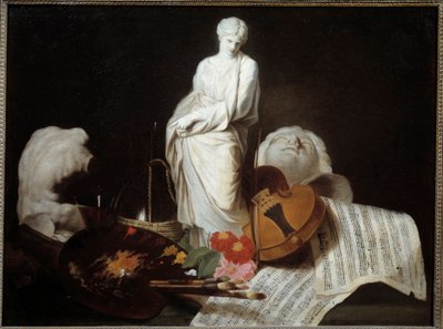 Les attributs des Arts Palette de peintre, violon, partitions, sculpture - Pierre Subleyras