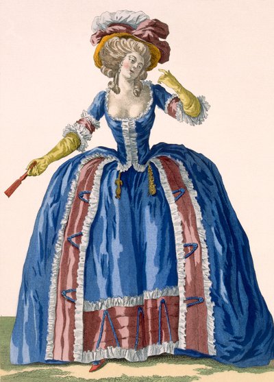 Robe à cerceaux de style anglais en bleu électrique avec bordure froncée bordeaux, gravée par Bacquoy, planche no.182 de 