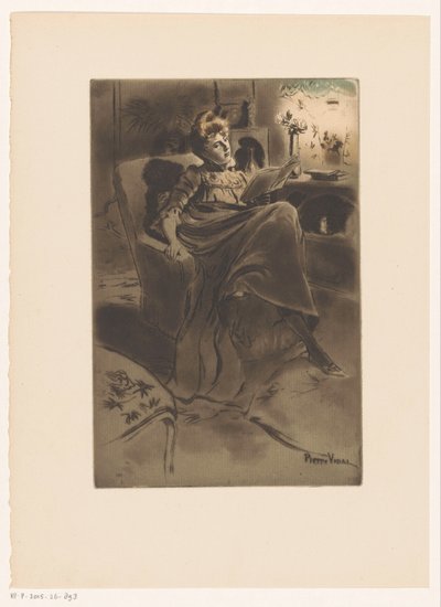 Intérieur avec une femme lisant dans un fauteuil - Pierre Vidal